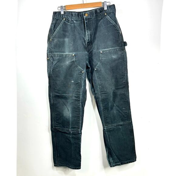 VINTAGE Carhartt Pants Mens 32 x 31 Black B01 Double Knee Distressed Faded USA
